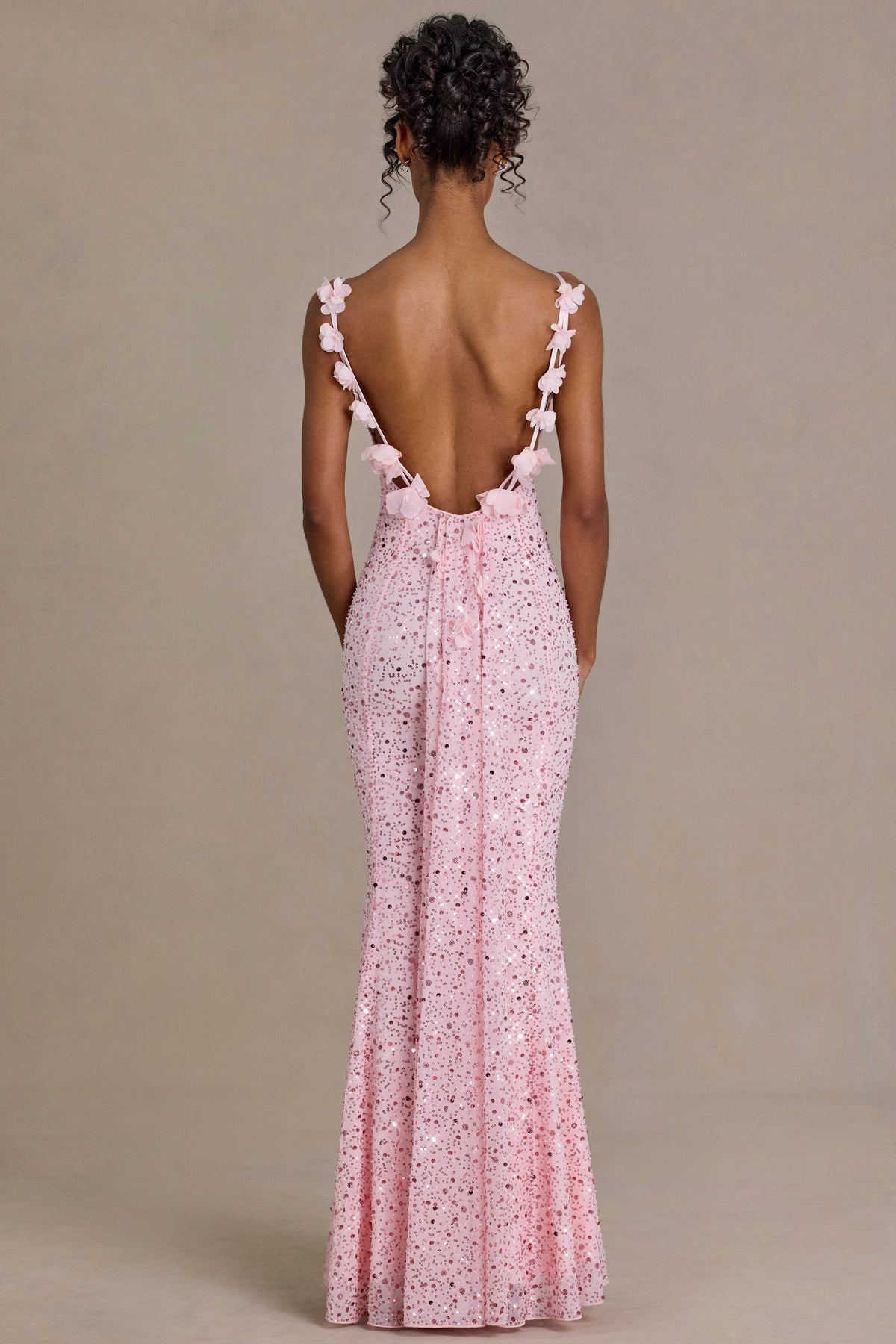 Chic Embellished Open-Back Maxi Dress in Baby Pink