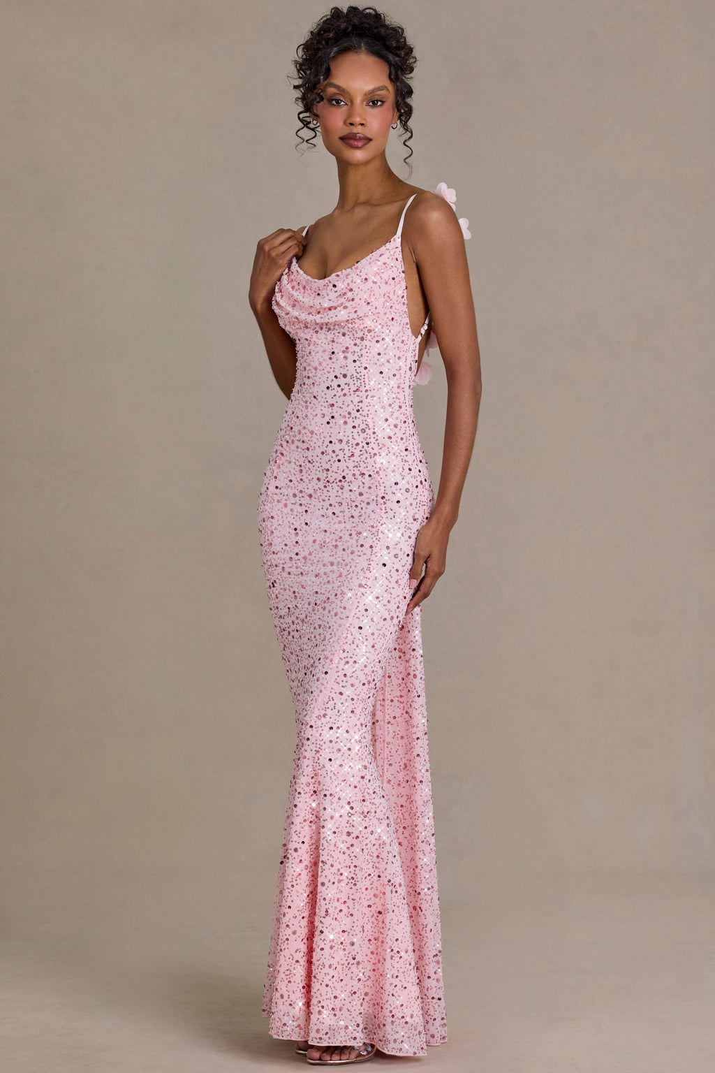 Chic Embellished Open-Back Maxi Dress in Baby Pink