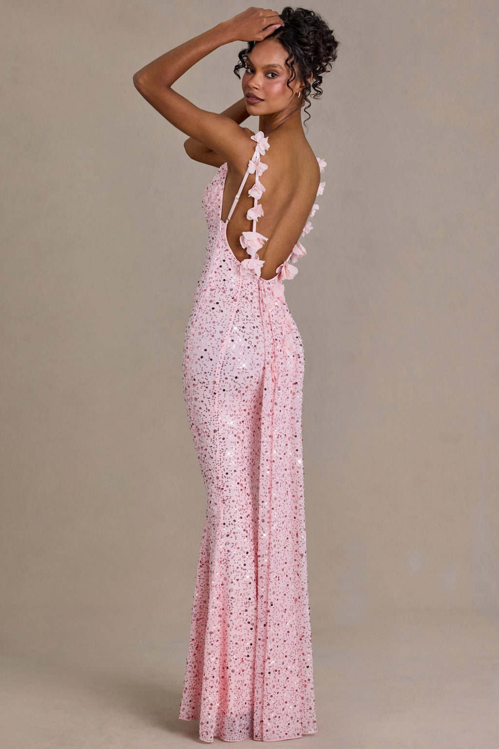 Chic Embellished Open-Back Maxi Dress in Baby Pink