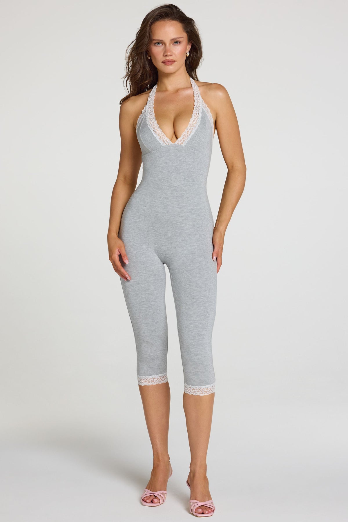 Chic Modal Lace-Trim Capri Jumpsuit in Grey Marl
