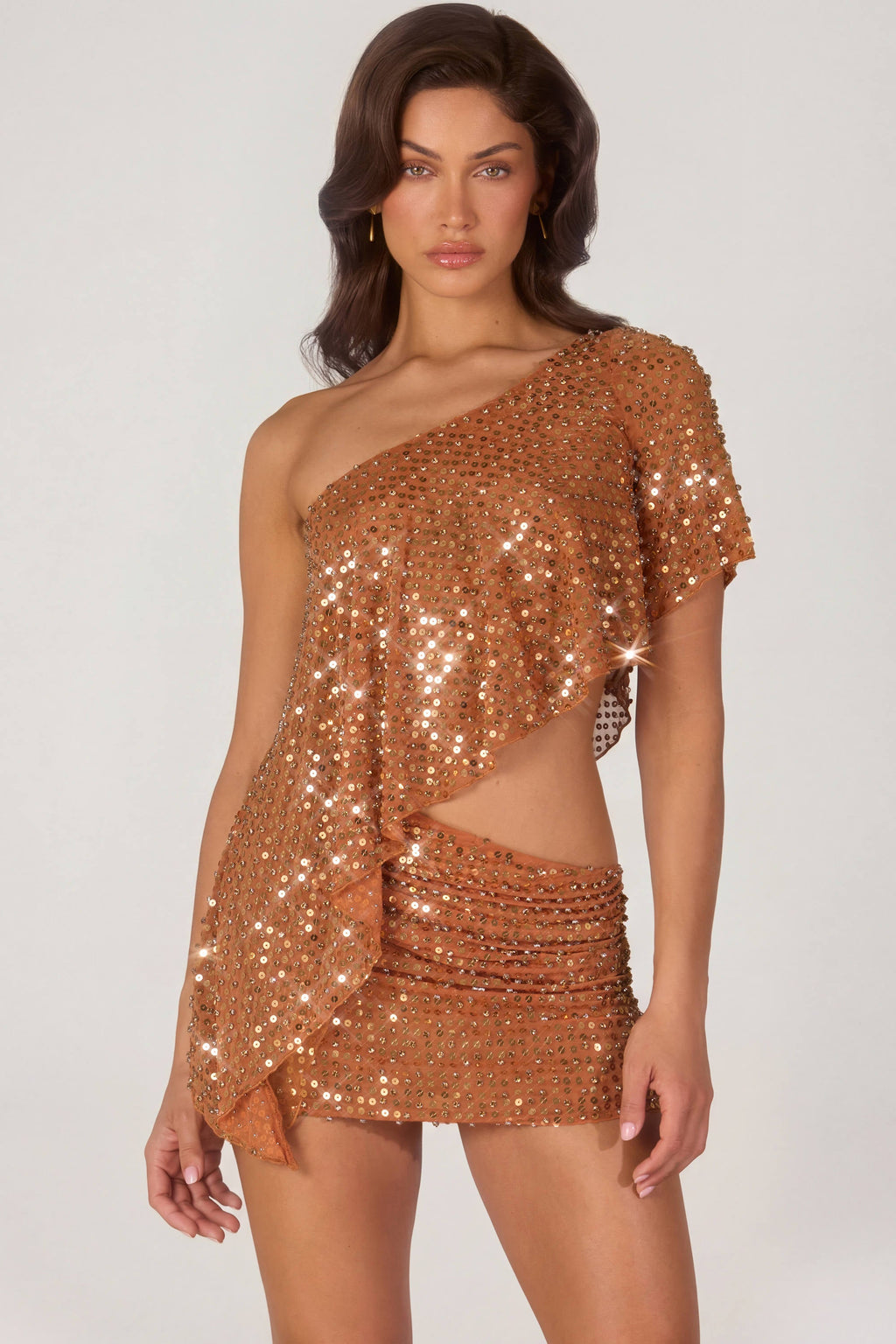 Chic Embellished One-Shoulder Asymmetric Top in Bronze