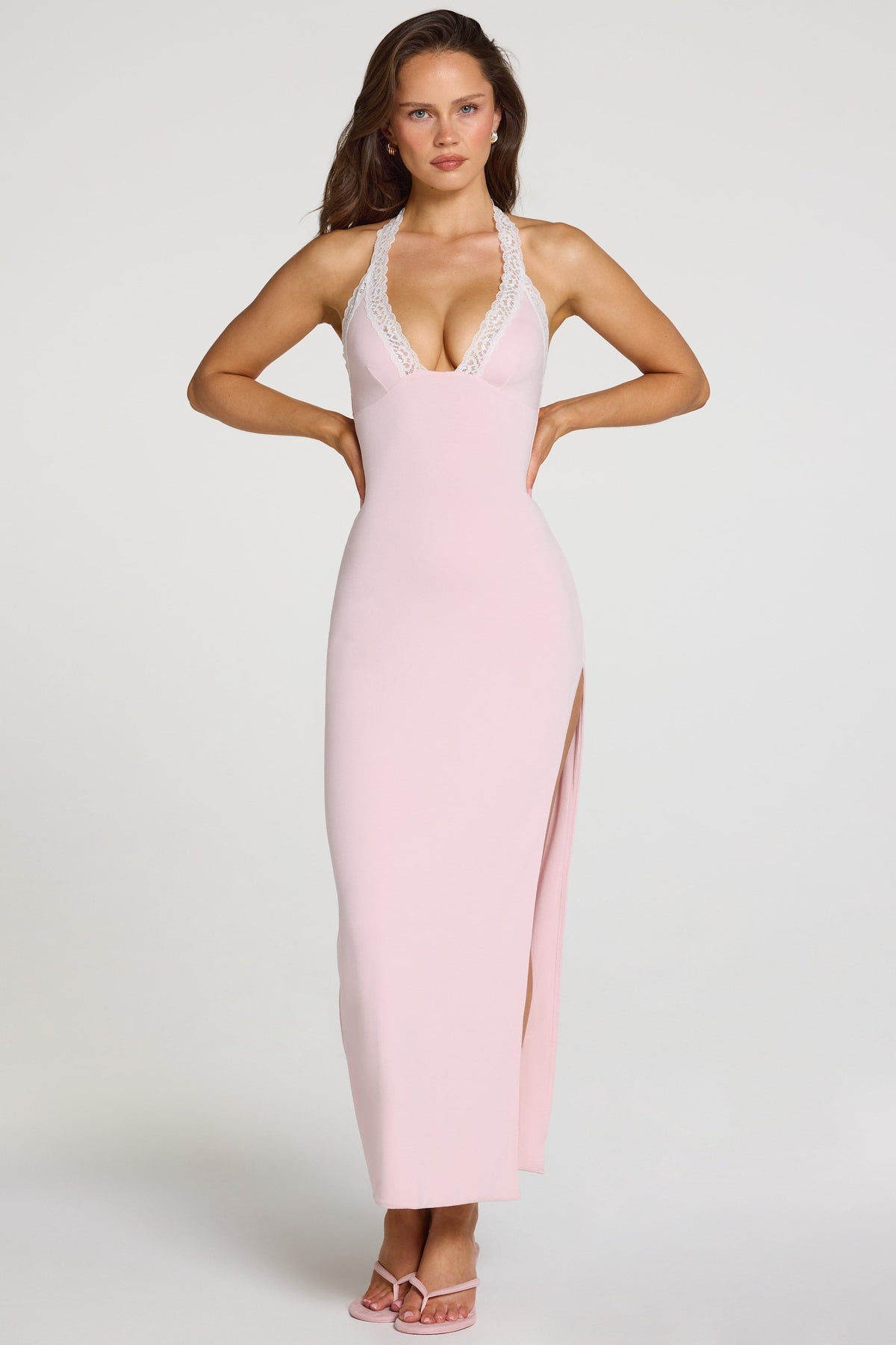 Chic Modal Lace-Trim Maxi Dress in Baby Pink