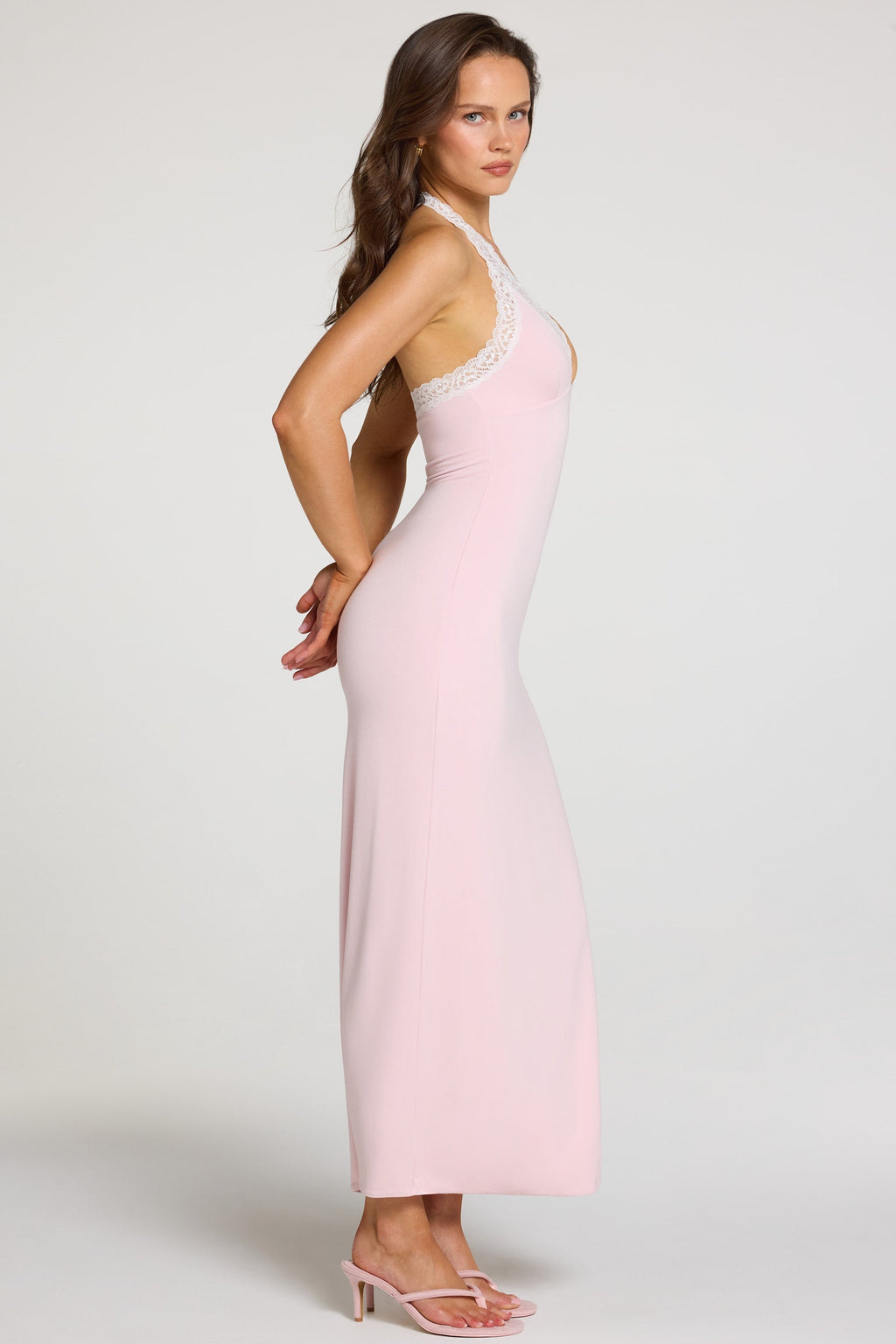 Chic Modal Lace-Trim Maxi Dress in Baby Pink