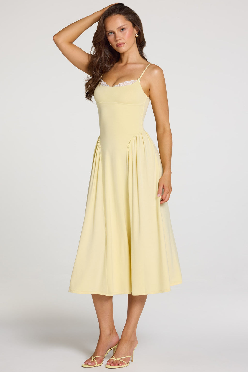 Chic Modal Lace-Trim Midaxi Dress in Pastel Yellow
