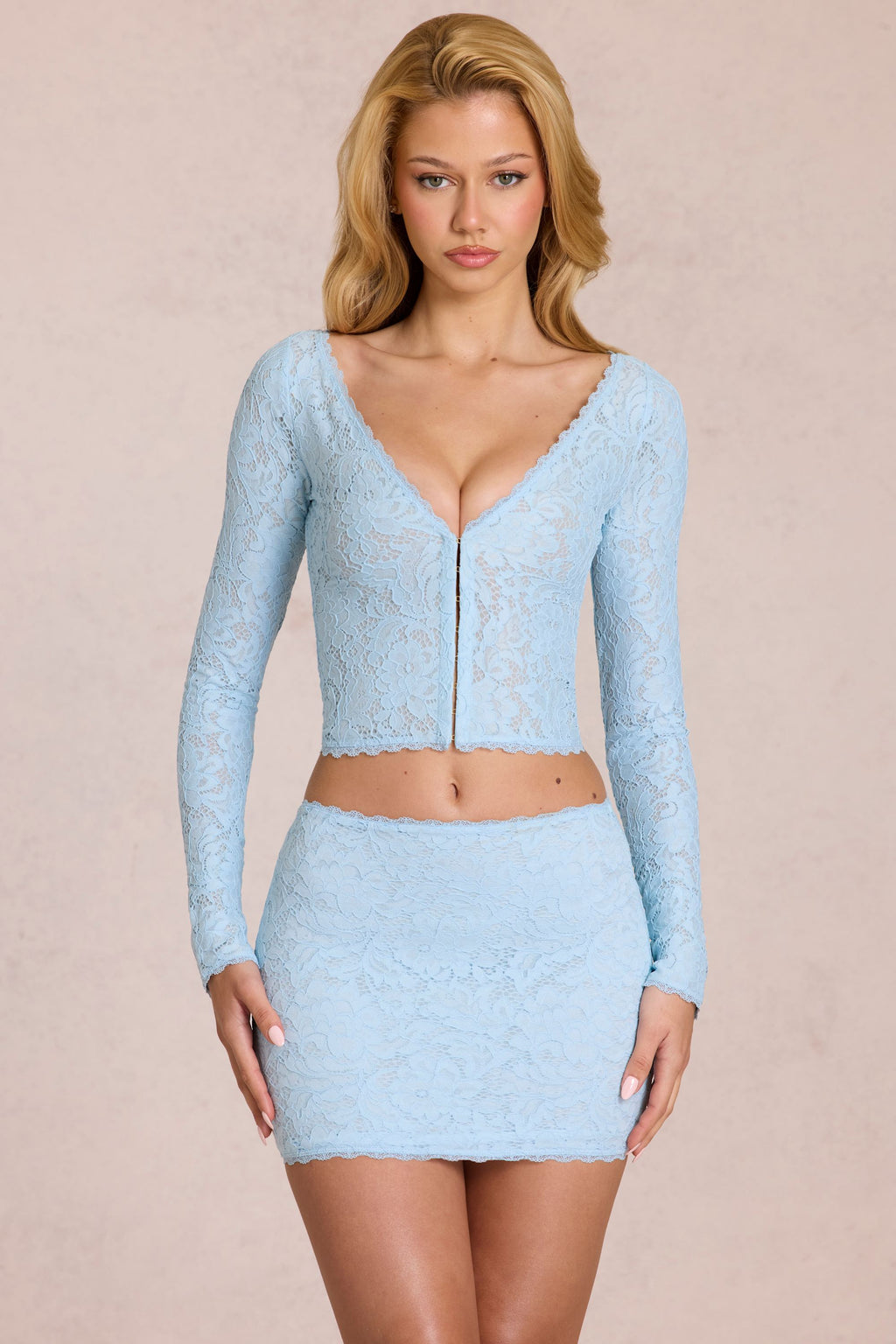 Chic Lace Plunge Cardigan in Powder Blue