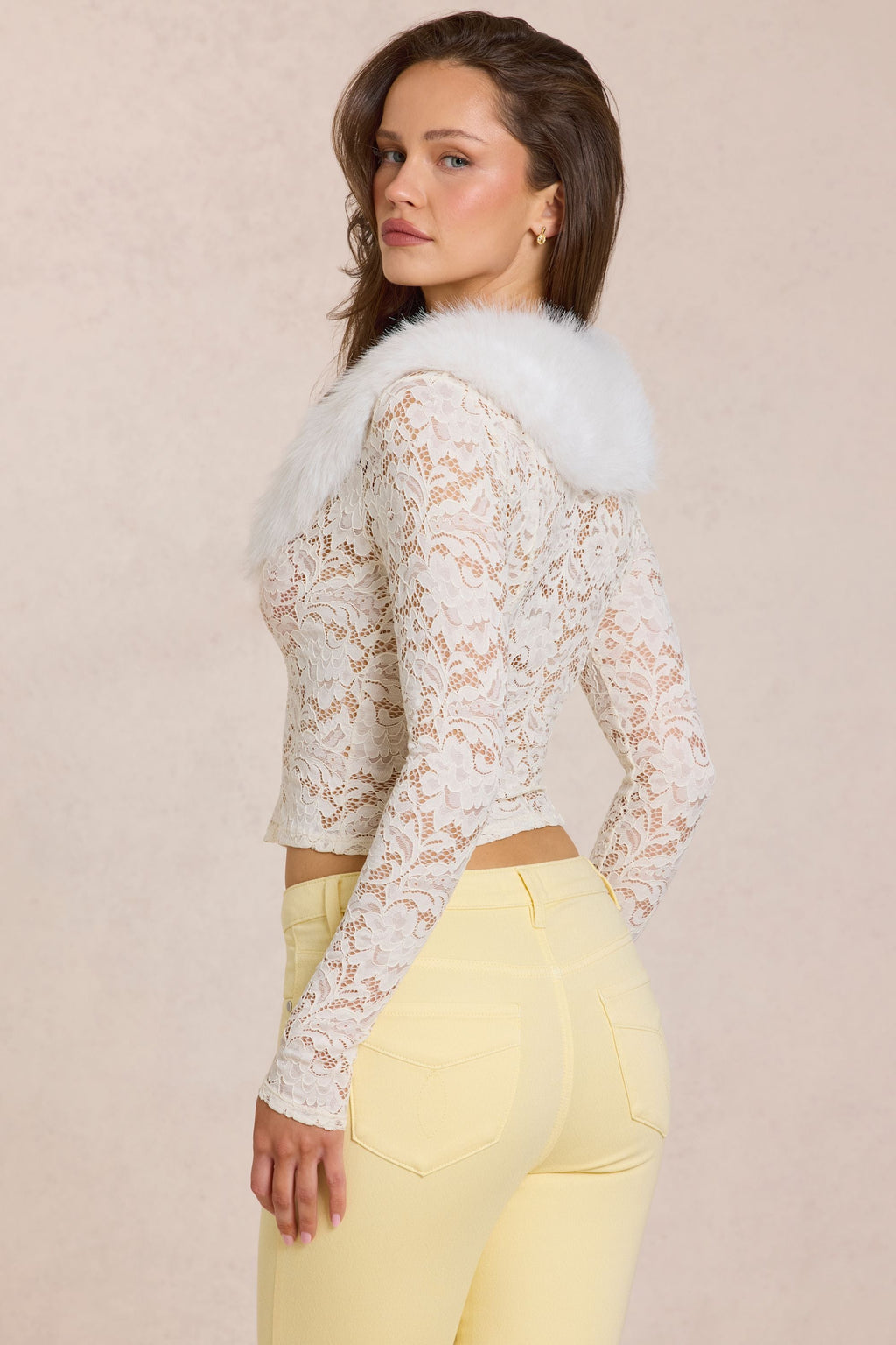Chic Lace Faux-Fur-Trim Cardigan in Ivory