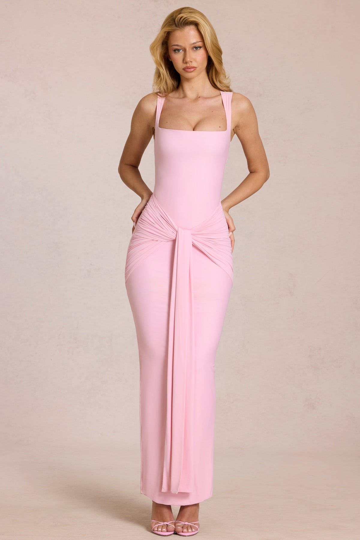 Chic Square-Neck Tie-Gather Maxi Dress in Blossom Pink