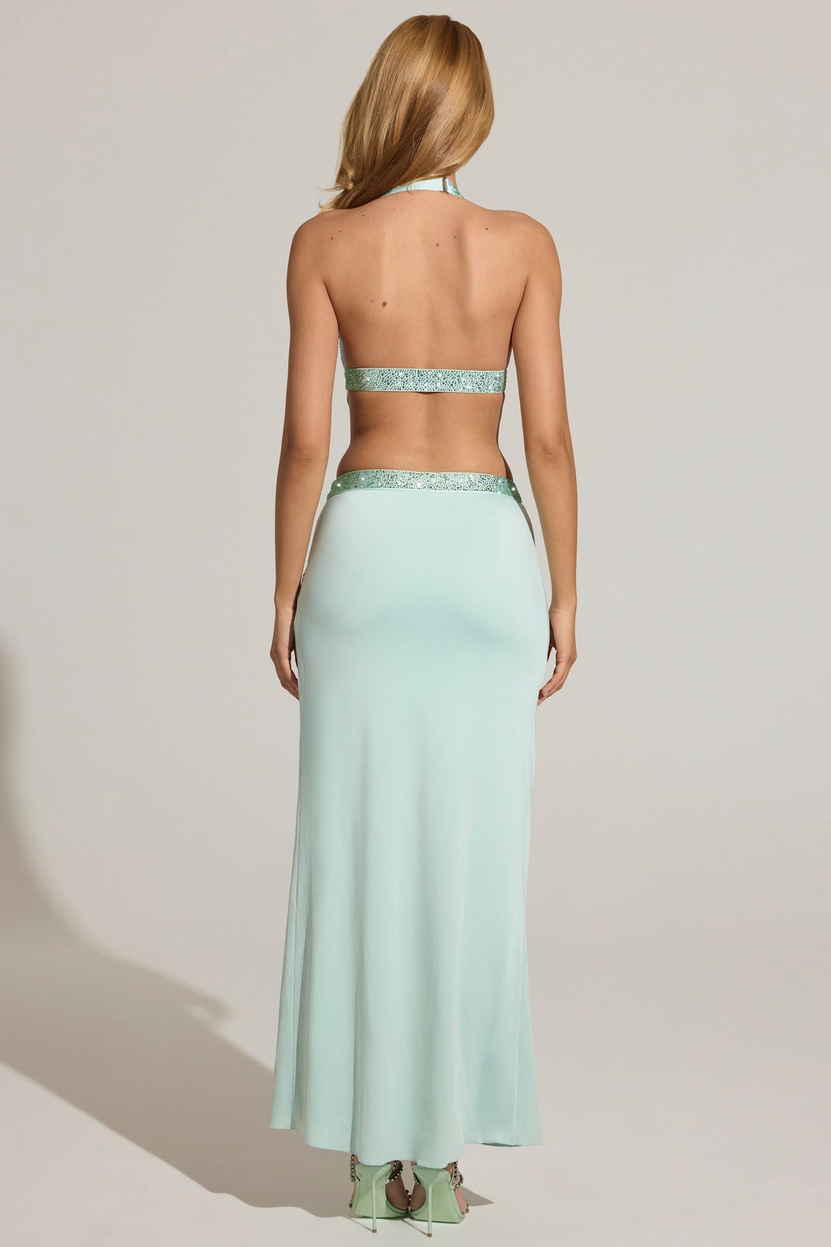 Chic Embellished Low-Rise Maxi Skirt in Aqua Blue