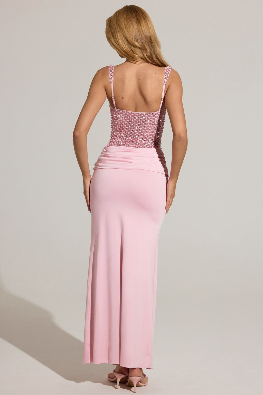 Chic Embellished Corset Maxi Dress in Blush Pink