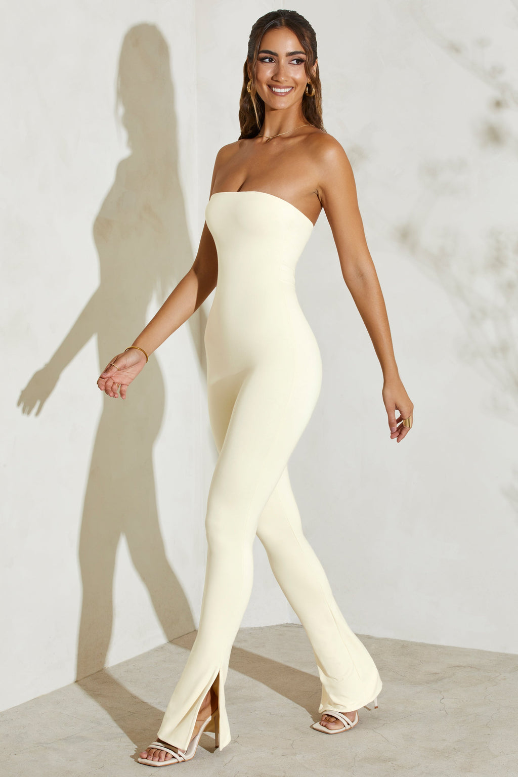 Chic Strapless Flared Hem Jumpsuit in Ivory