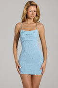 Chic Embellished Cowl Neck Mini Dress in Sky Blue