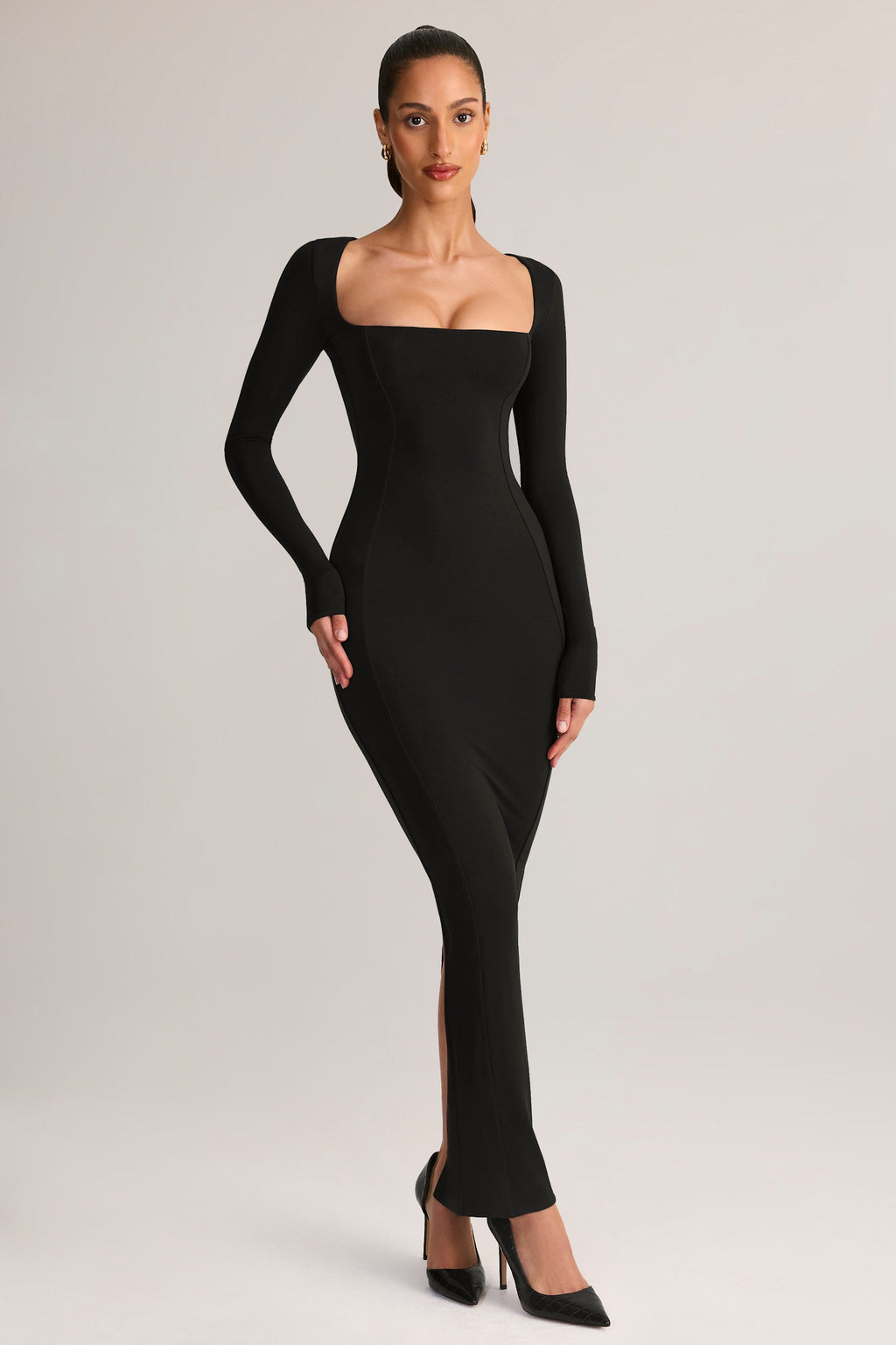 Chic Modal Square-Neck Bodycon Maxi Dress in Black