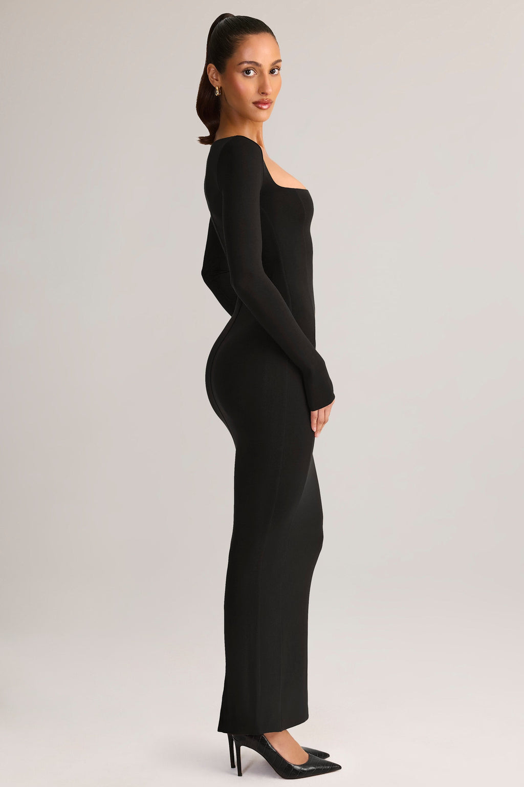 Chic Modal Square-Neck Bodycon Maxi Dress in Black