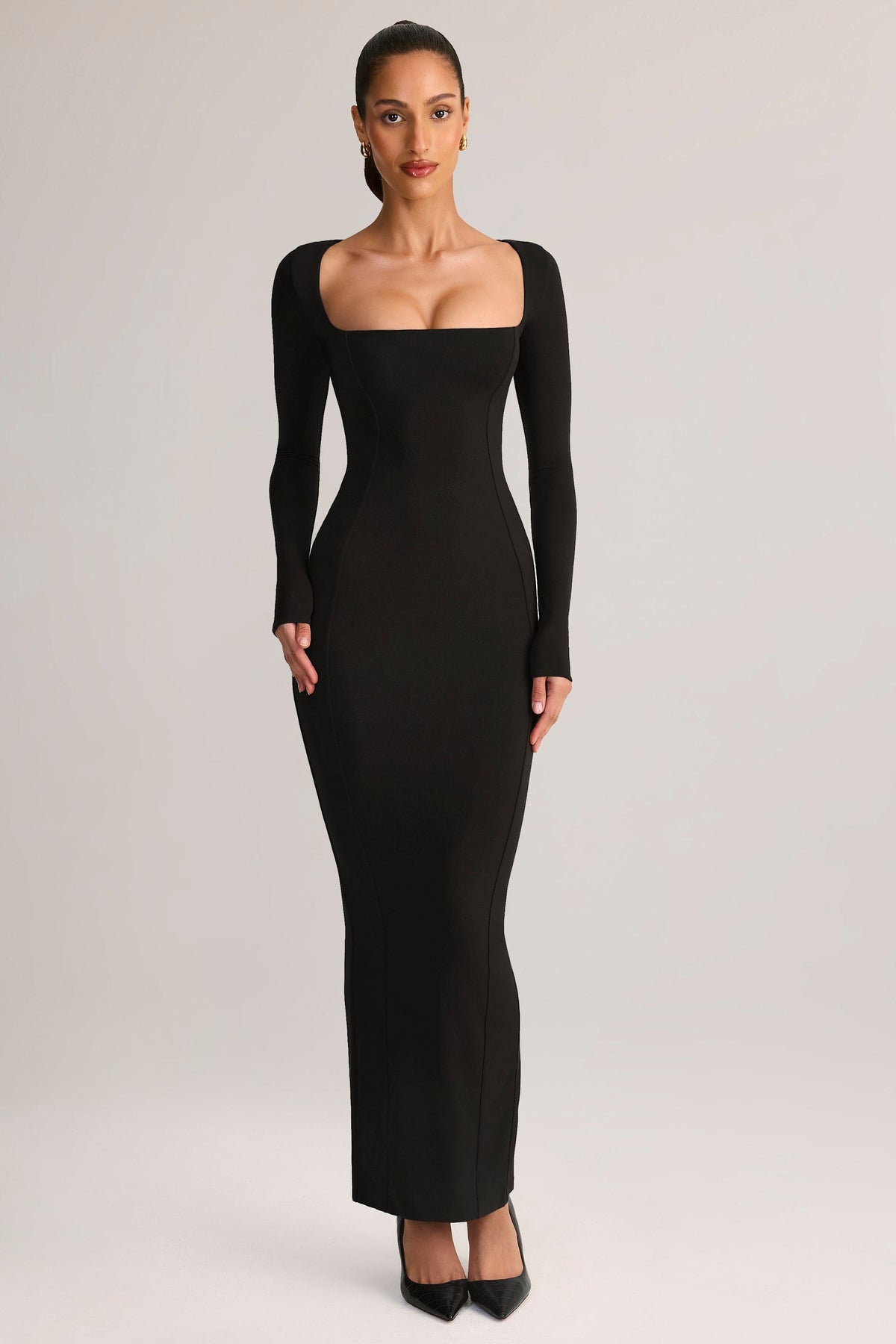 Chic Modal Square-Neck Bodycon Maxi Dress in Black