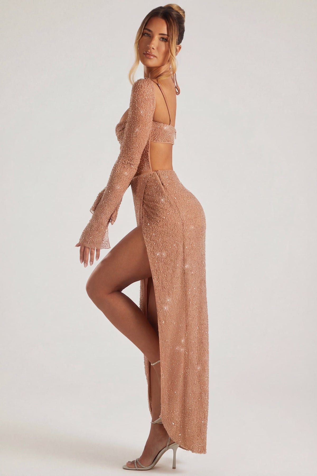 Chic Embellished Cowl Neck Maxi Dress in Latte