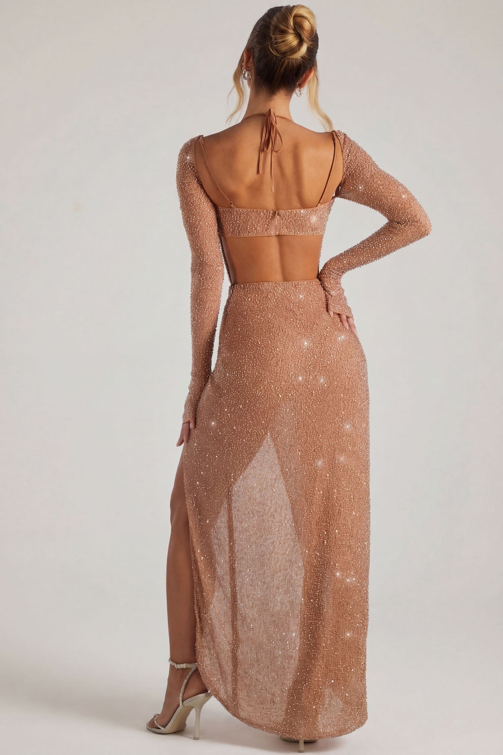 Chic Embellished Cowl Neck Maxi Dress in Latte