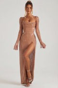 Chic Embellished Cowl Neck Maxi Dress in Latte