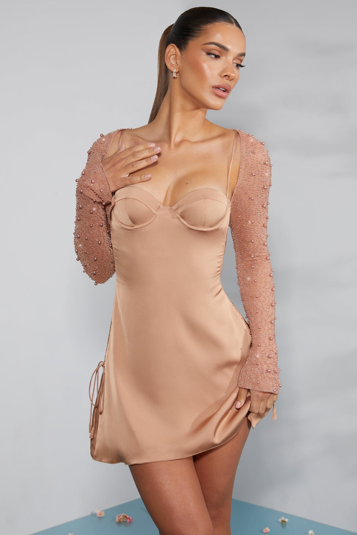 Chic Long Sleeve Embellished A-line Mini Dress in Beige