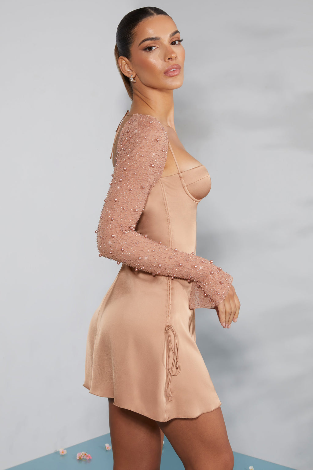 Chic Long Sleeve Embellished A-line Mini Dress in Beige