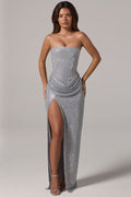 Chic Embellished Bandeau Cowl-Waist Maxi Dress in Frost