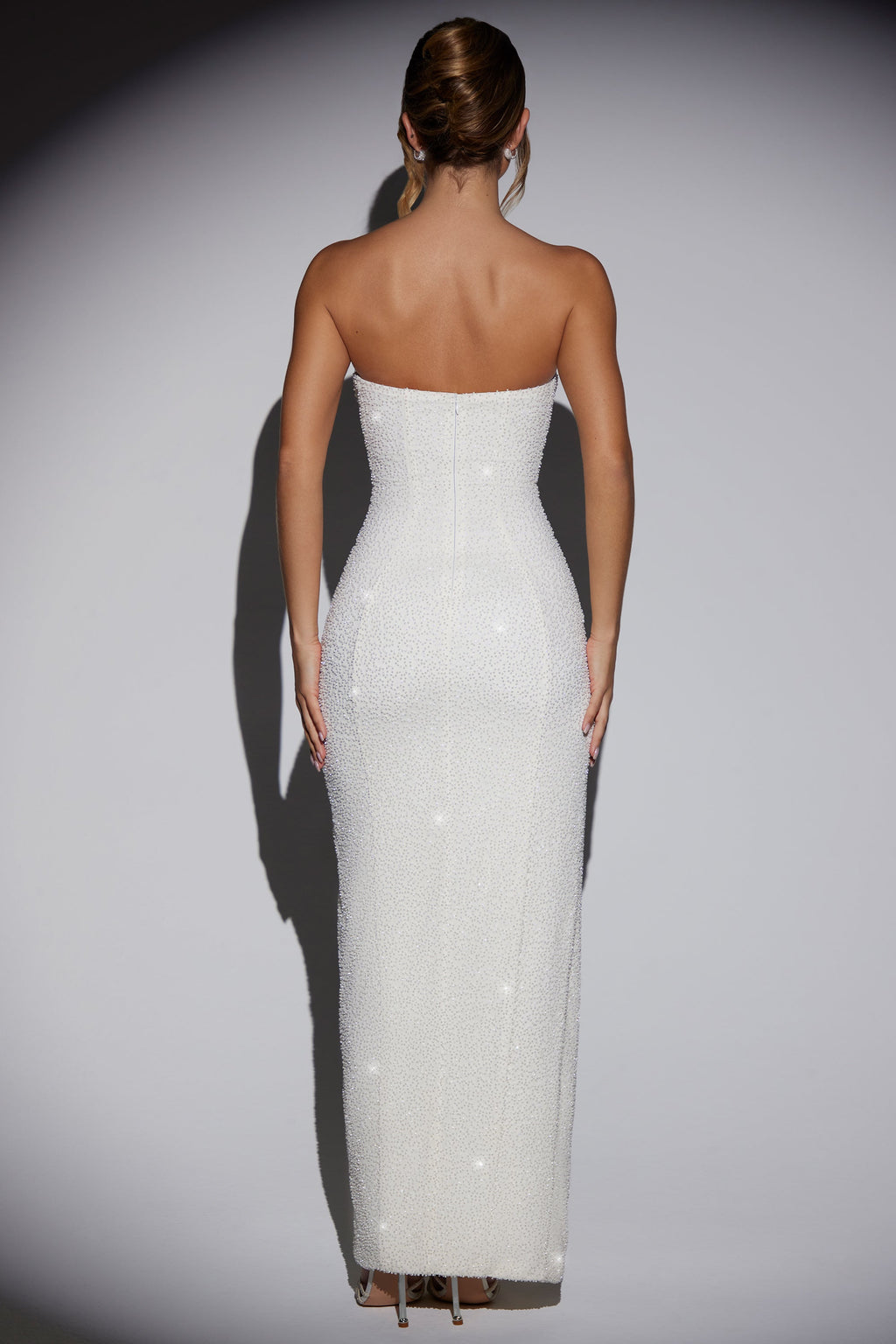 Chic Embellished Bandeau Cowl Neck Maxi Dress in Snow