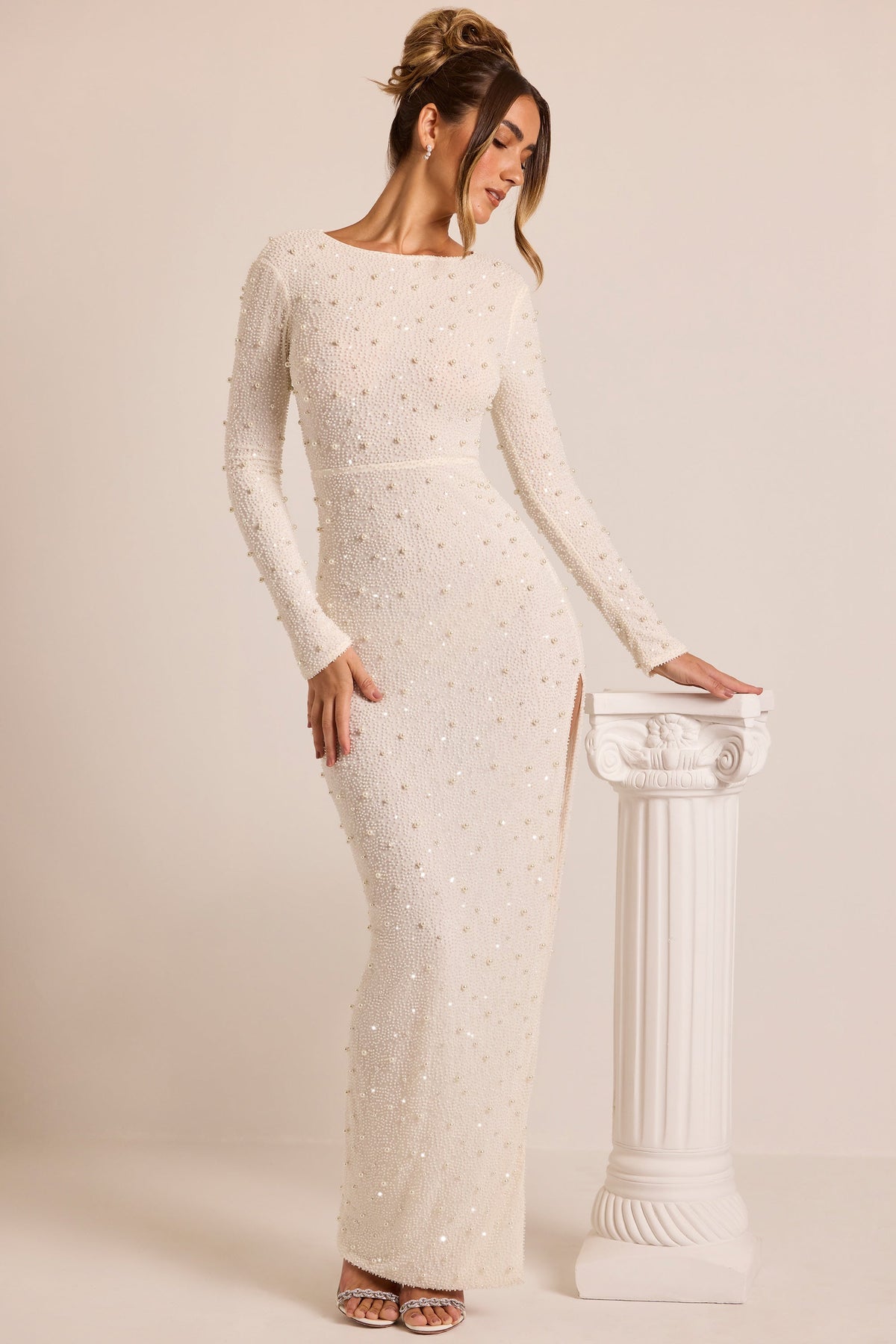 Chic Embellished Long Sleeve Backless Maxi Dress in White