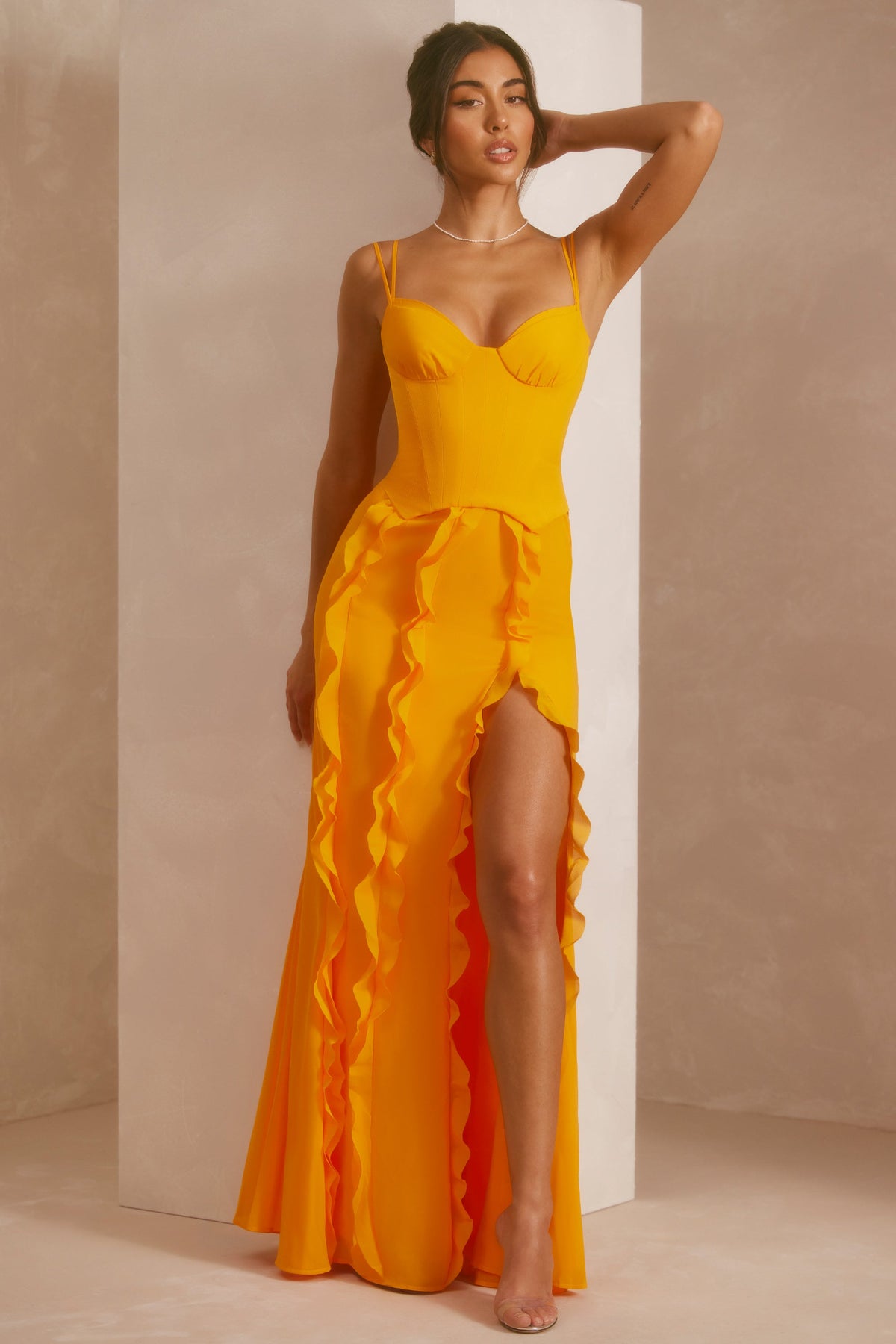 Chic Corset Frill Skirt Maxi Dress in Tangerine