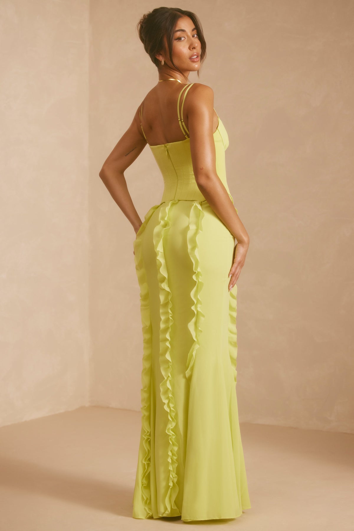 Chic Corset Frill Skirt Maxi Dress in Lime Green