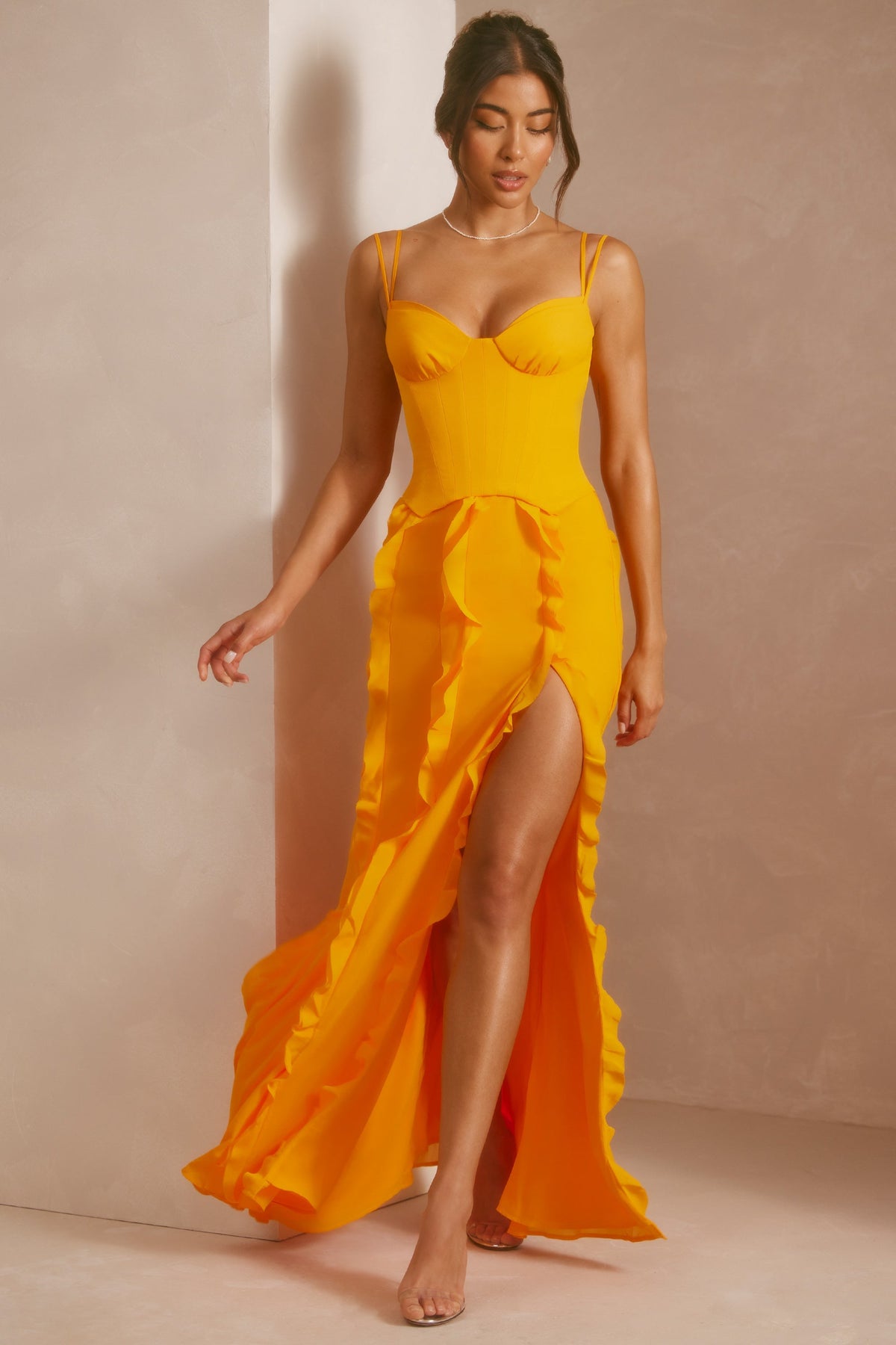 Chic Corset Frill Skirt Maxi Dress in Tangerine