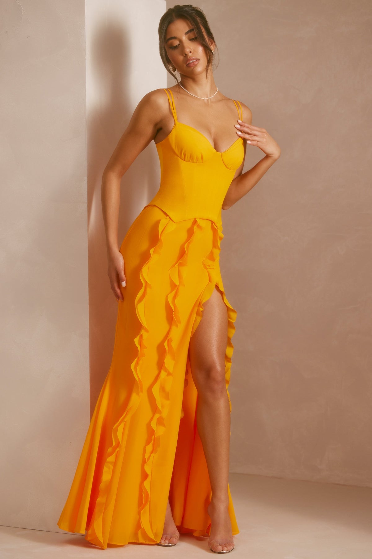 Chic Corset Frill Skirt Maxi Dress in Tangerine