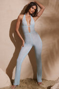 Chic Embellished Plunge Neck Jumpsuit in Aqua