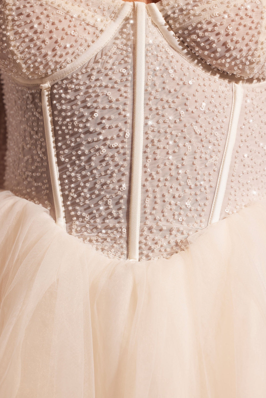 Chic Embellished Long Sleeve Tulle Skirt Mini Dress in Ivory
