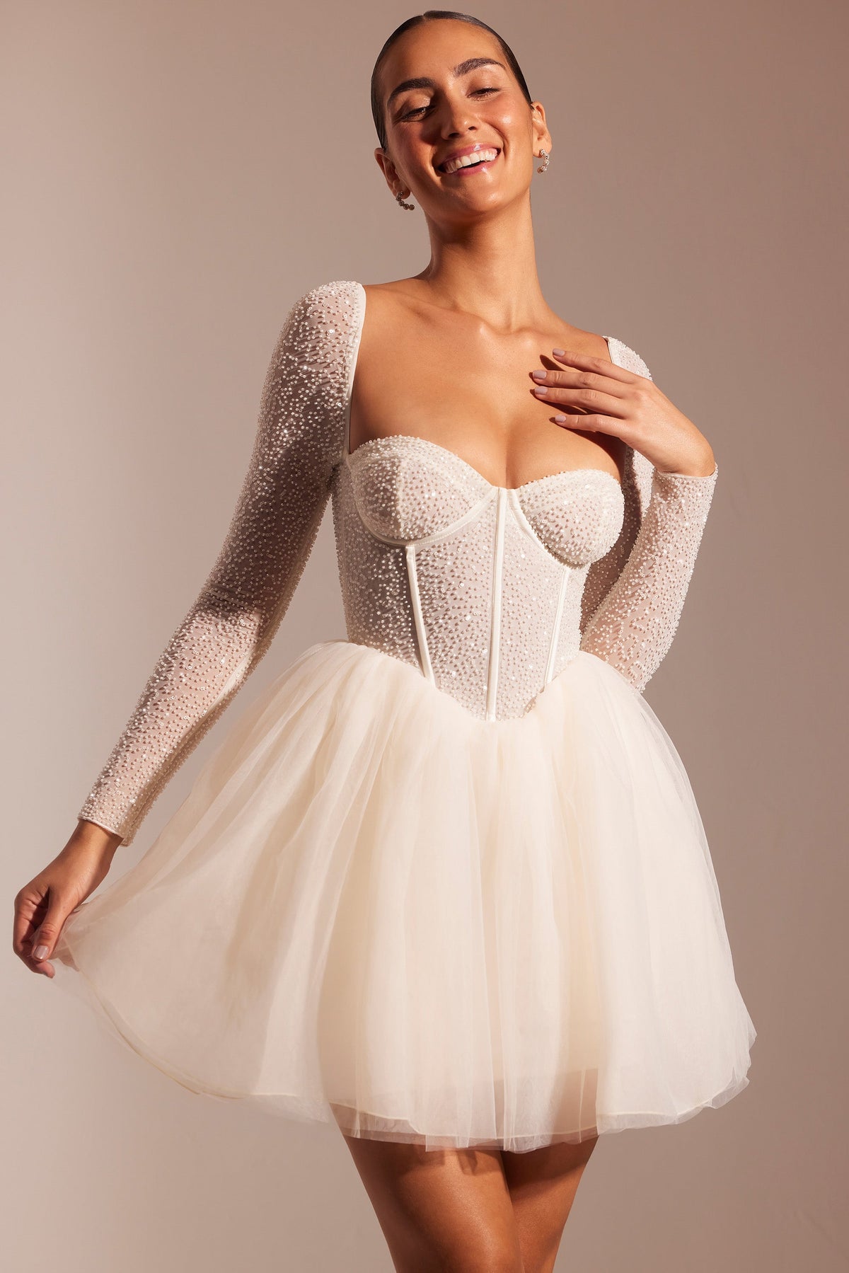 Chic Embellished Long Sleeve Tulle Skirt Mini Dress in Ivory