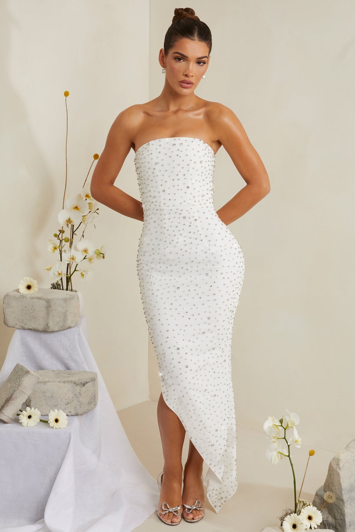Chic Hand Embellished Asymmetric Midi Dress in White