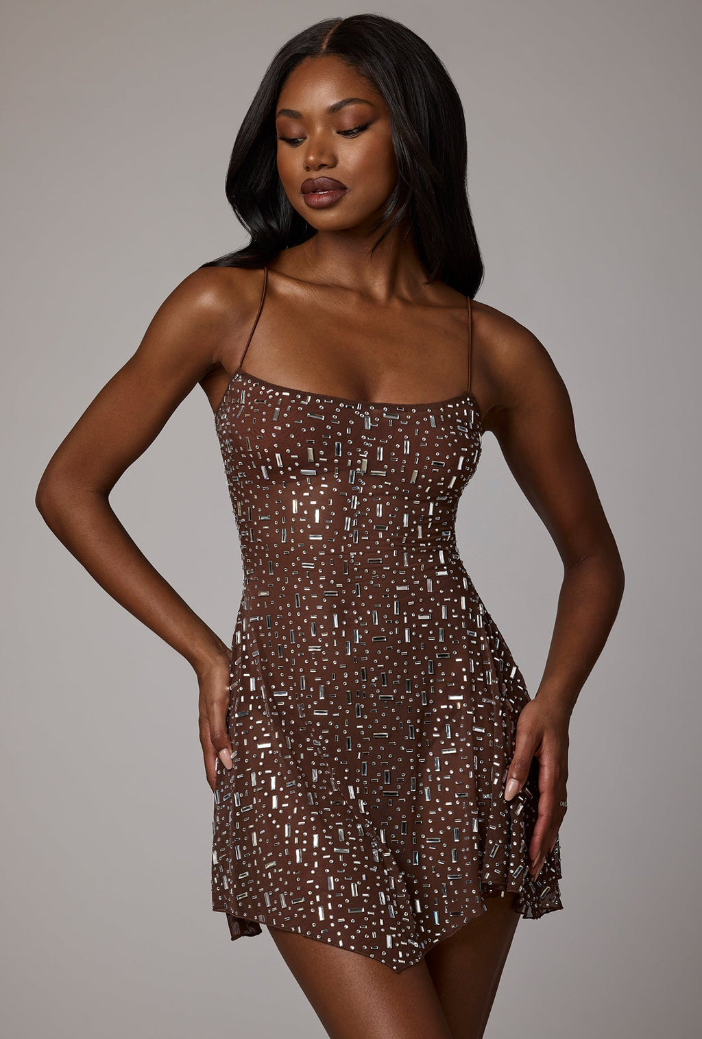 Chic Sheer Embellished Scoop Neck Mini Dress in Deep Cocoa