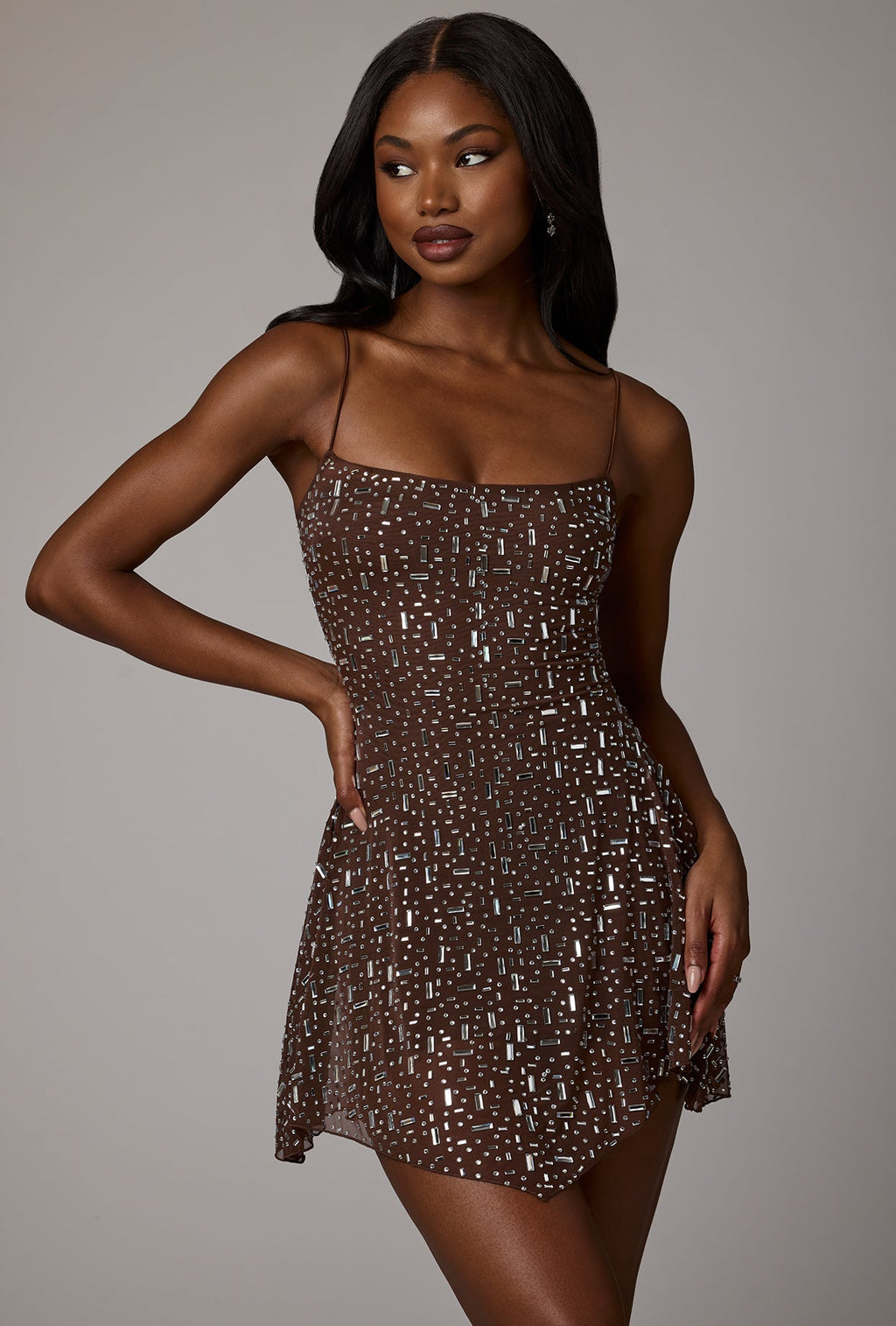 Chic Sheer Embellished Scoop Neck Mini Dress in Deep Cocoa