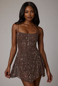 Chic Sheer Embellished Scoop Neck Mini Dress in Deep Cocoa