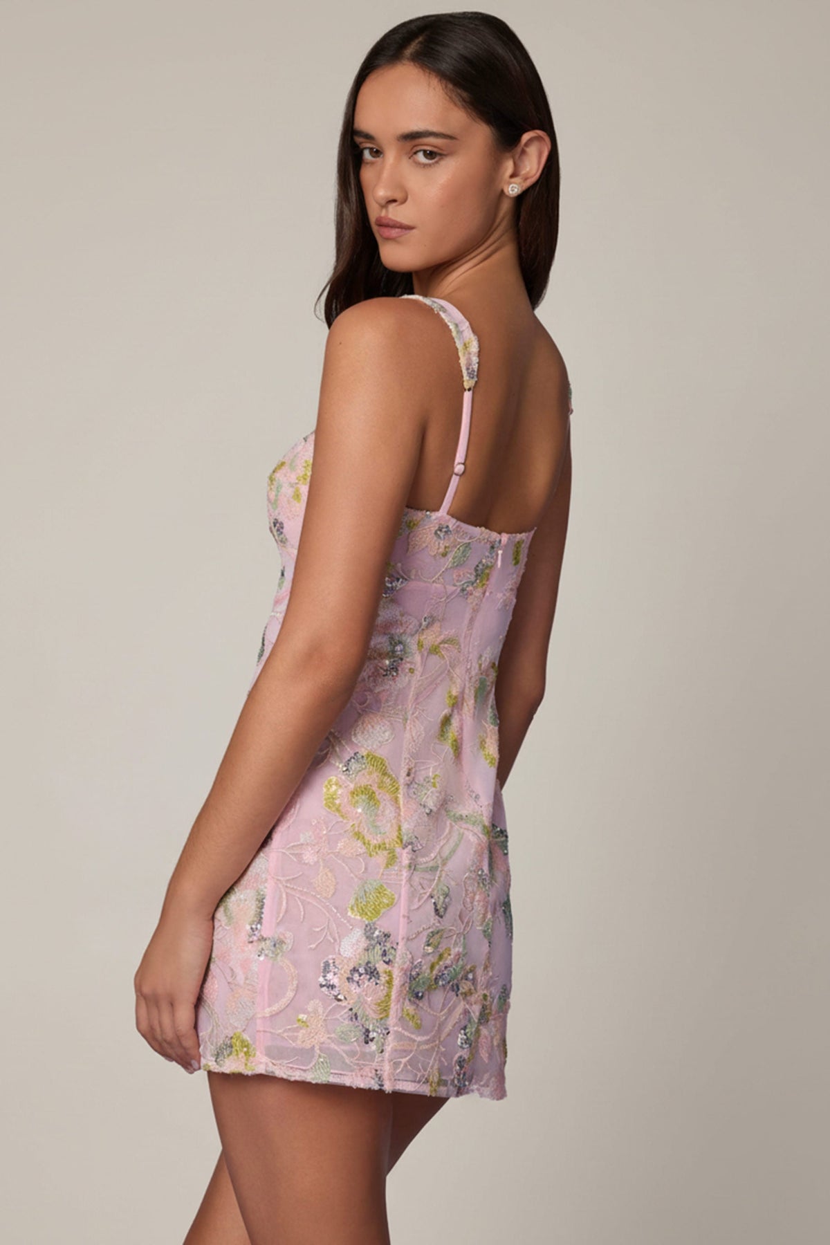 Chic Embellished A-line Mini Dress in Soft Pink