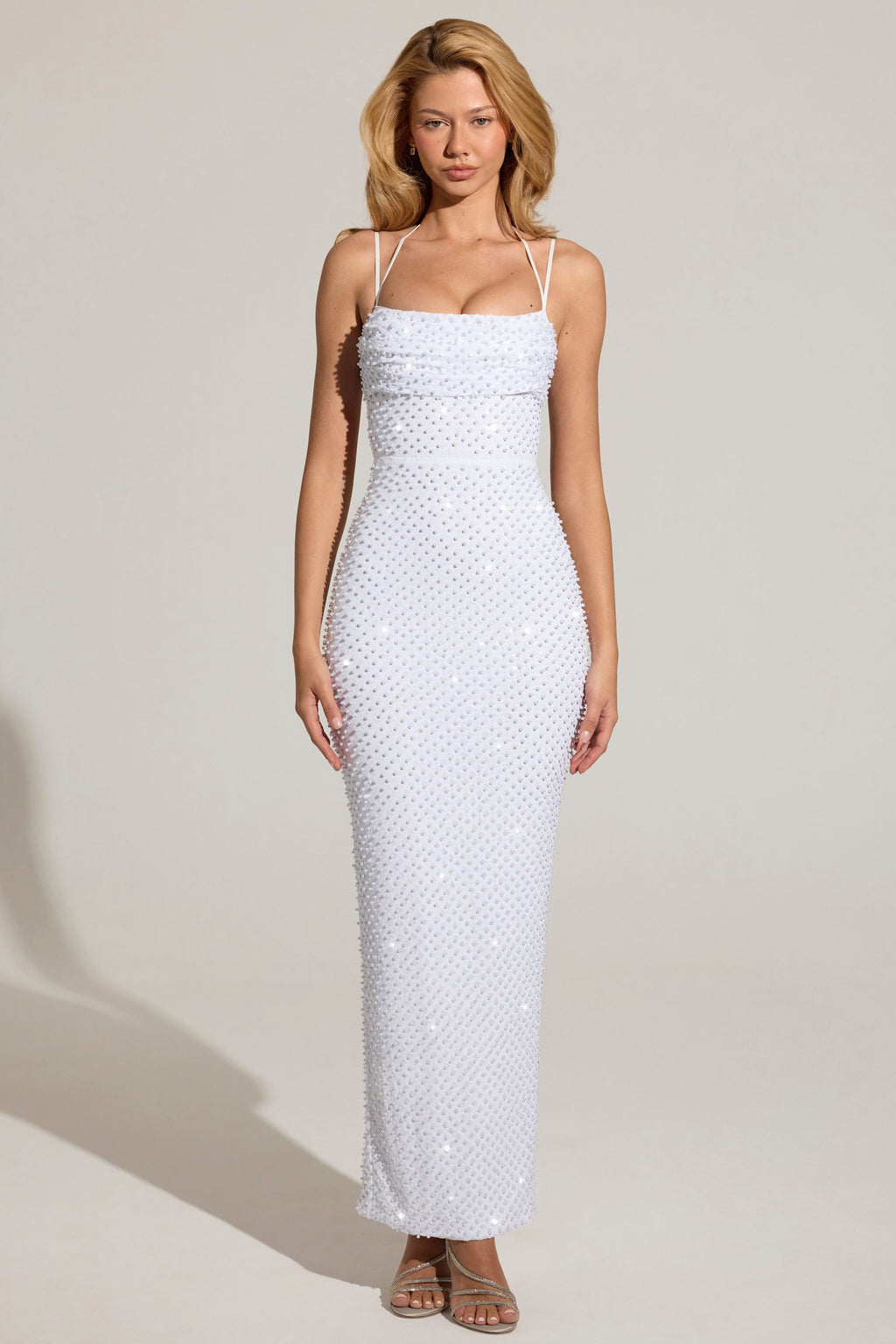 Chic Embellished Cowl-Neck Maxi Dress in White