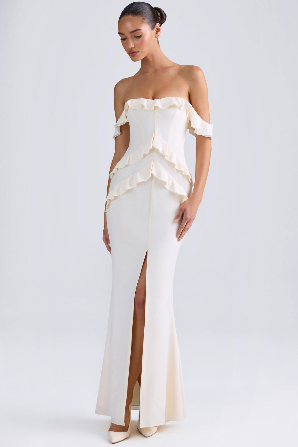 Chic Off-Shoulder Ruffle-Trim Gown in Ivory