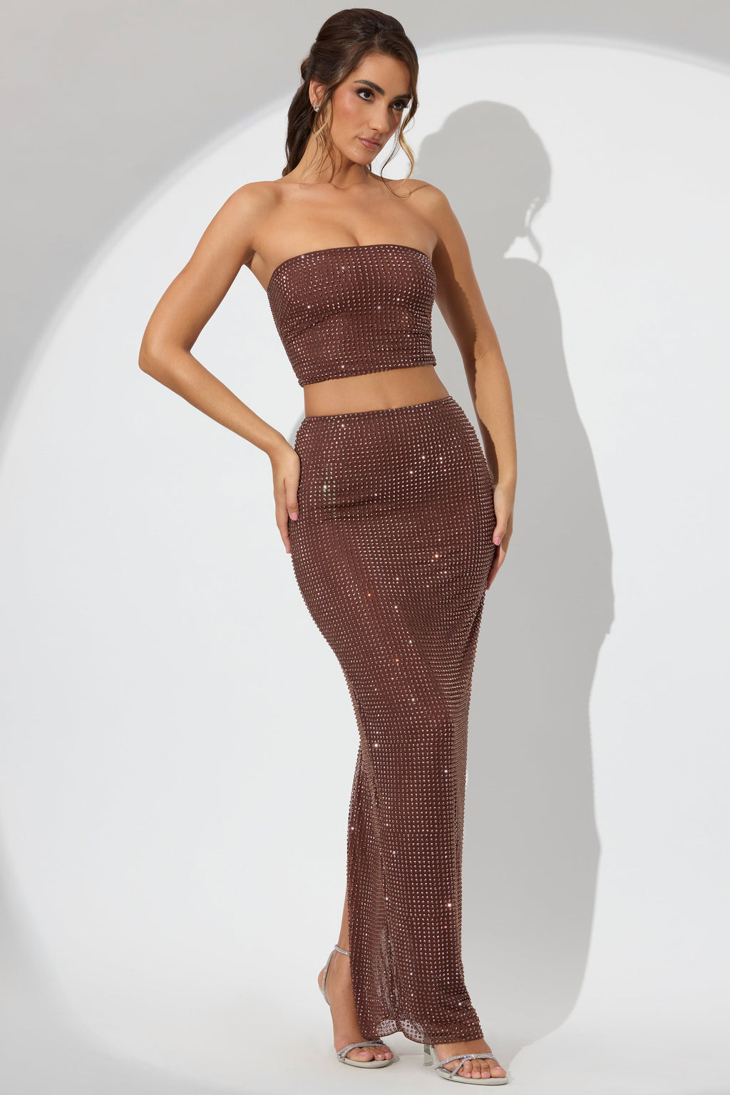 Chic Embellished Mid Rise Maxi Skirt in Espresso