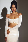 Chic Velvet Off-Shoulder Ruched Crop Top in Ivory