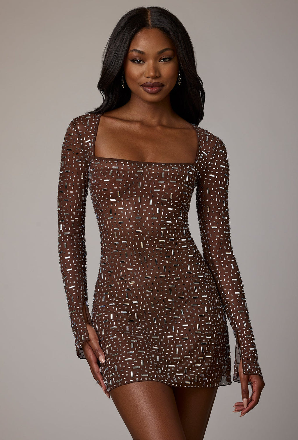 Chic Sheer Embellished Long Sleeve A-Line Mini Dress in Deep Cocoa