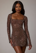 Chic Sheer Embellished Long Sleeve A-Line Mini Dress in Deep Cocoa