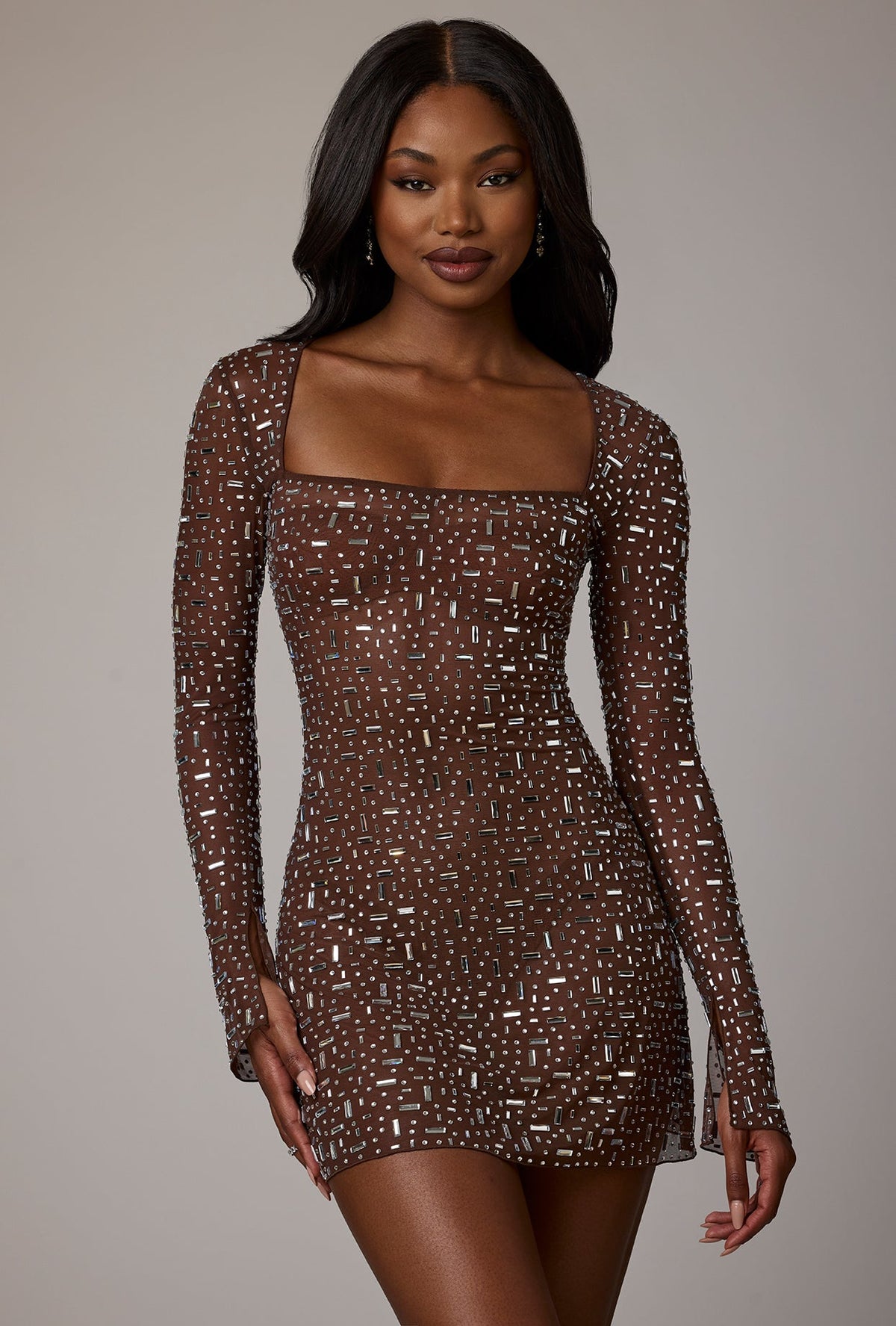 Chic Sheer Embellished Long Sleeve A-Line Mini Dress in Deep Cocoa