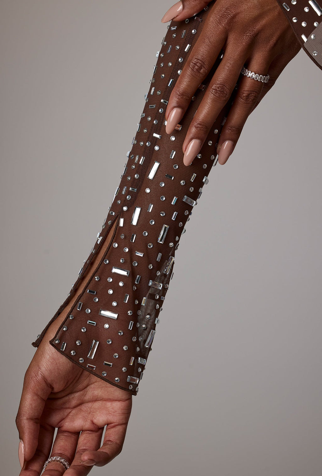Chic Sheer Embellished Long Sleeve A-Line Mini Dress in Deep Cocoa