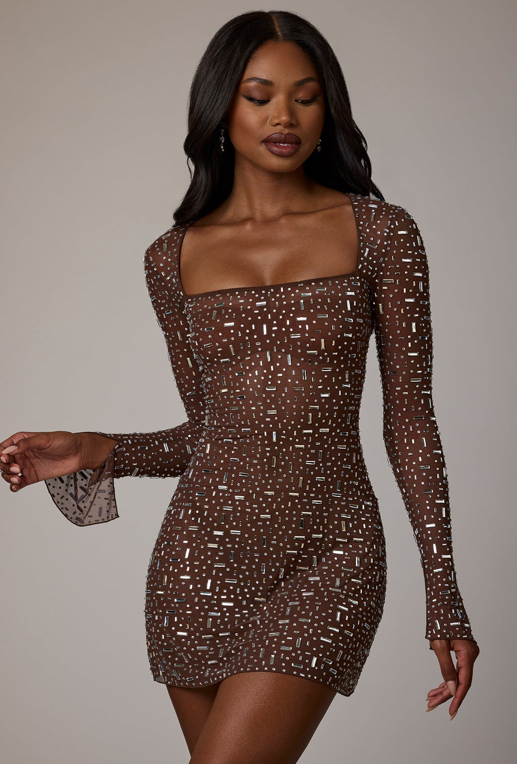 Chic Sheer Embellished Long Sleeve A-Line Mini Dress in Deep Cocoa