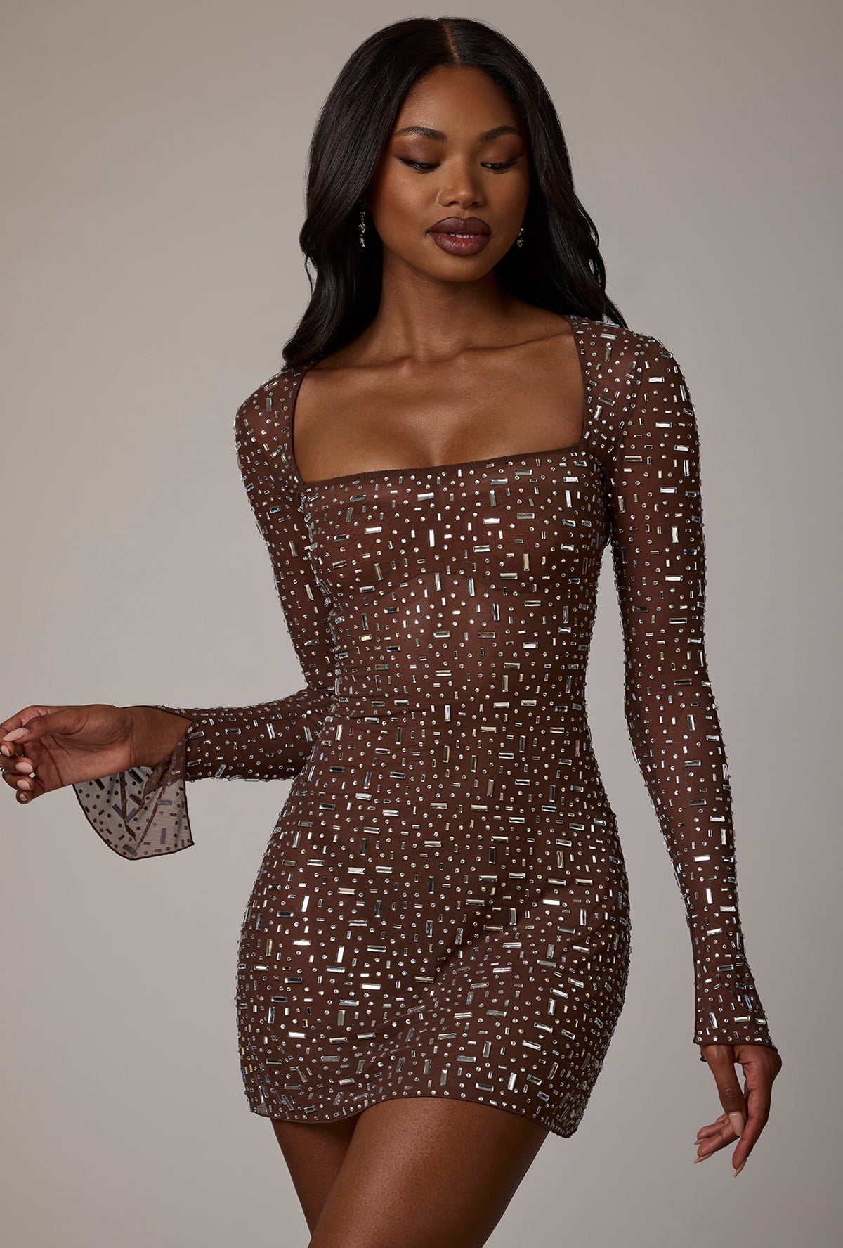 Chic Sheer Embellished Long Sleeve A-Line Mini Dress in Deep Cocoa