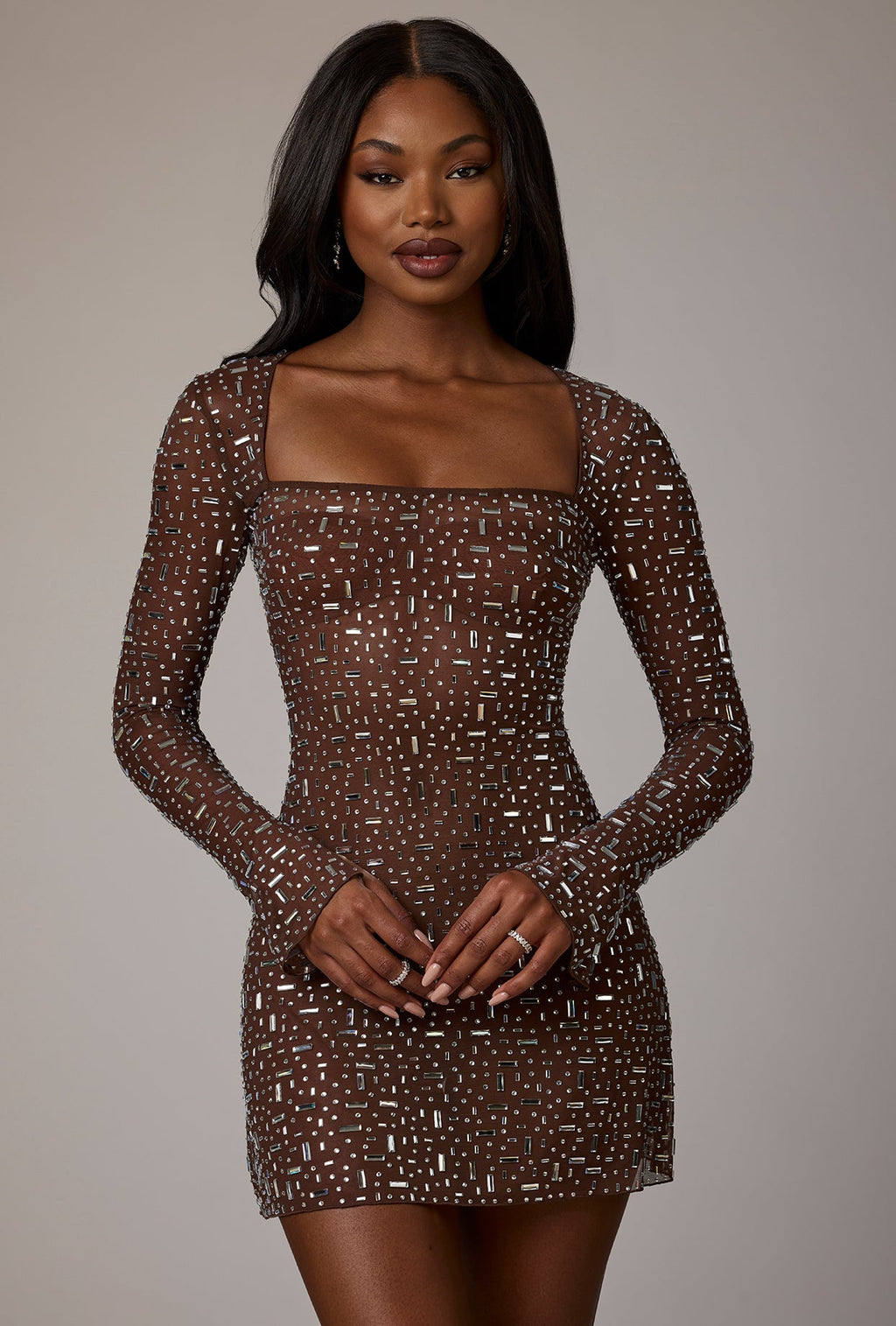 Chic Sheer Embellished Long Sleeve A-Line Mini Dress in Deep Cocoa
