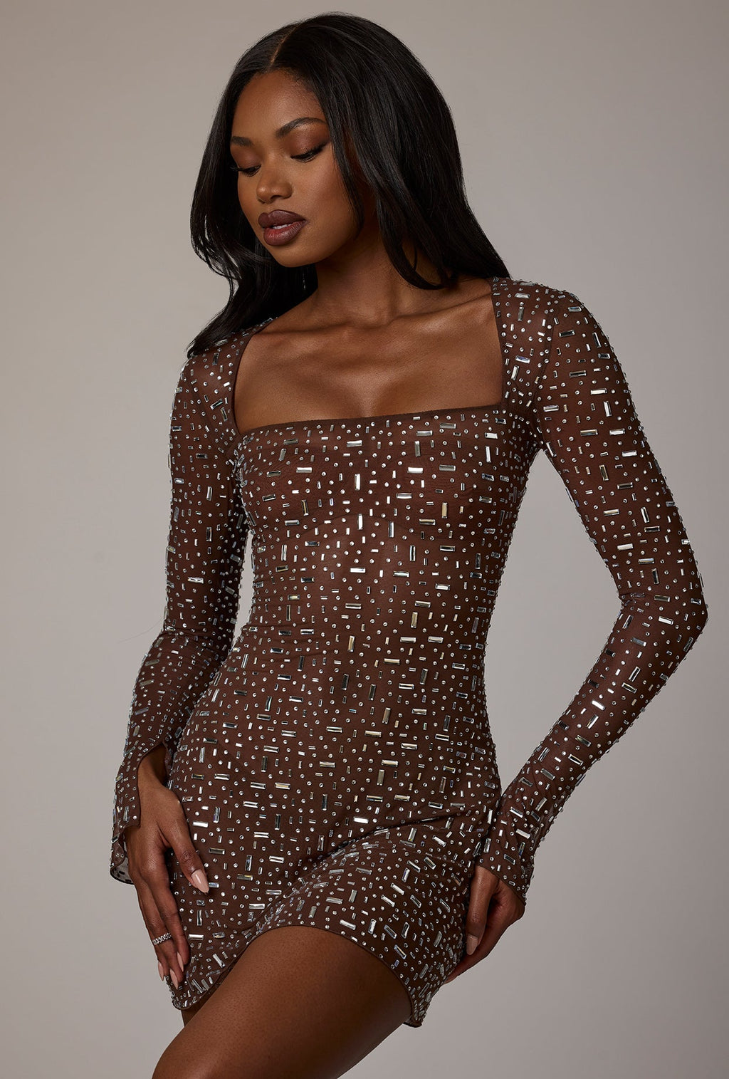 Chic Sheer Embellished Long Sleeve A-Line Mini Dress in Deep Cocoa